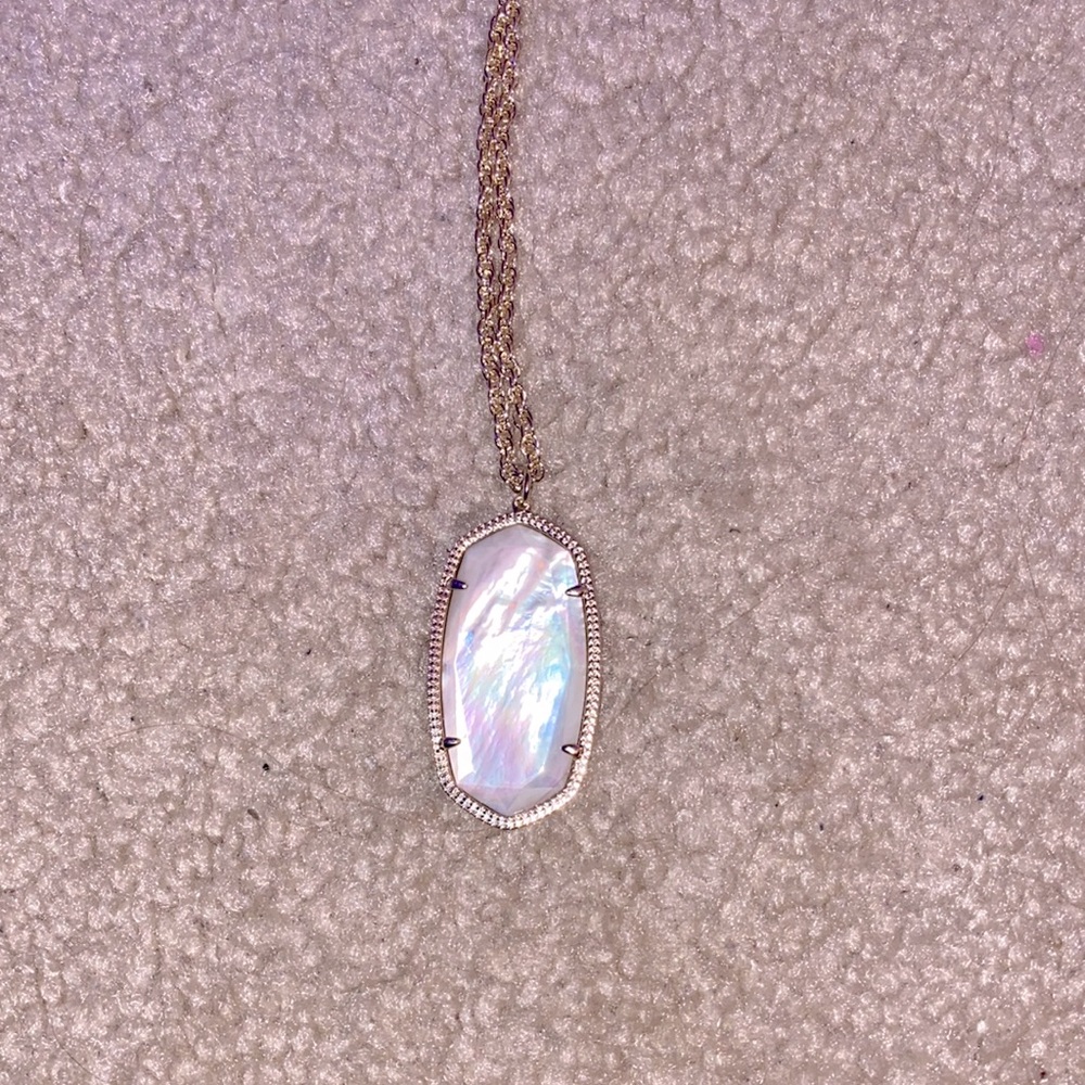 Kendra Scott long pendant necklace with white stone gold chain